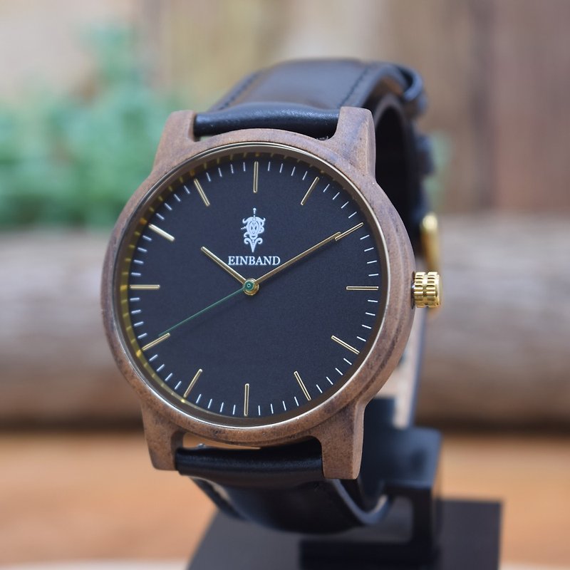 EINBAND Glanz BLACK 40mm Wooden Watch Black Leather Belt - 男表/中性表 - 木头 咖啡色