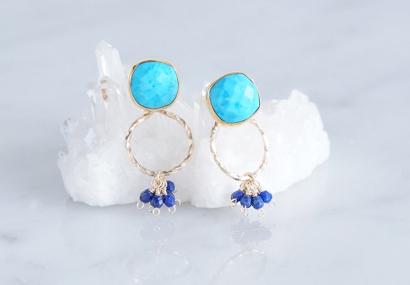 2way Stud Earrings,Gemstone Blue Turquoise,Lapis Lazuli - 耳环/耳夹 - 宝石 蓝色