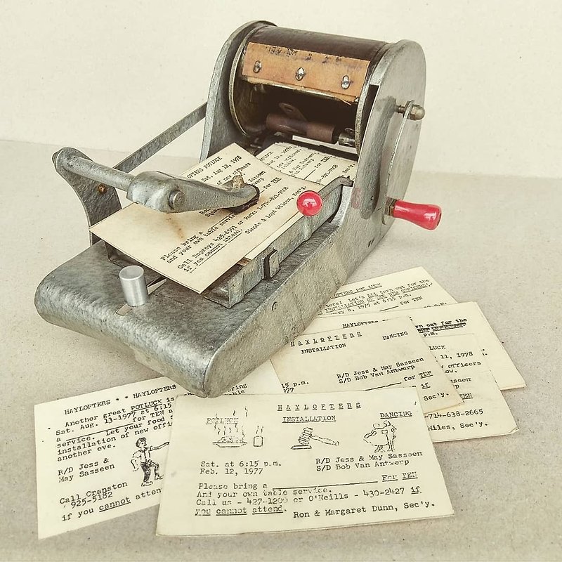 美国1970年代-古董手动轮转印刷机+卡片 - 印章/印台 - 其他金属 银色