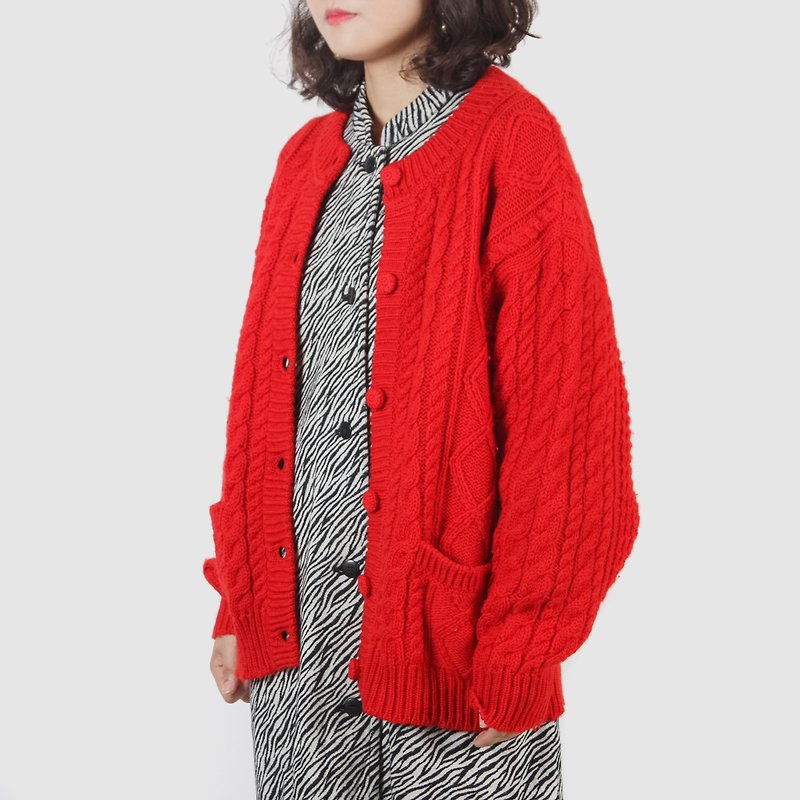 【蛋植物古着】洋红吃茶麻花织纹古着开襟毛衣外套 - 女装针织衫/毛衣 - 羊毛 红色