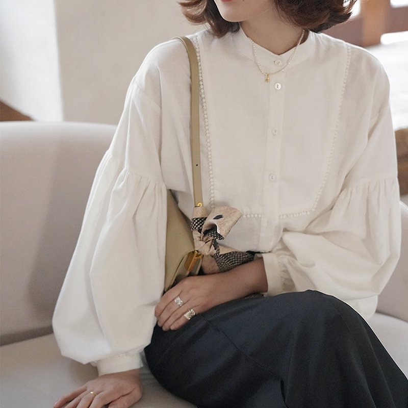 白色圆领泡泡袖衬衫|衬衫|上衣|春秋款|棉|Sora-690 - 女装衬衫 - 棉．麻 白色