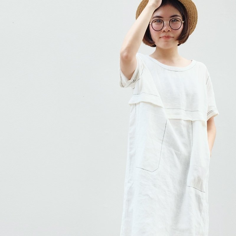 Line Linen White Dress - 洋装/连衣裙 - 棉．麻 白色