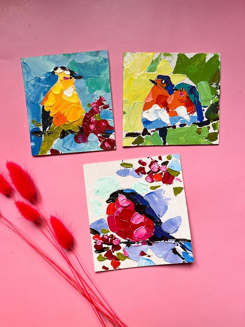 Bird Painting Set Original Artwork Chicadee Small Painting - 海报/装饰画/版画 - 其他材质 橘色