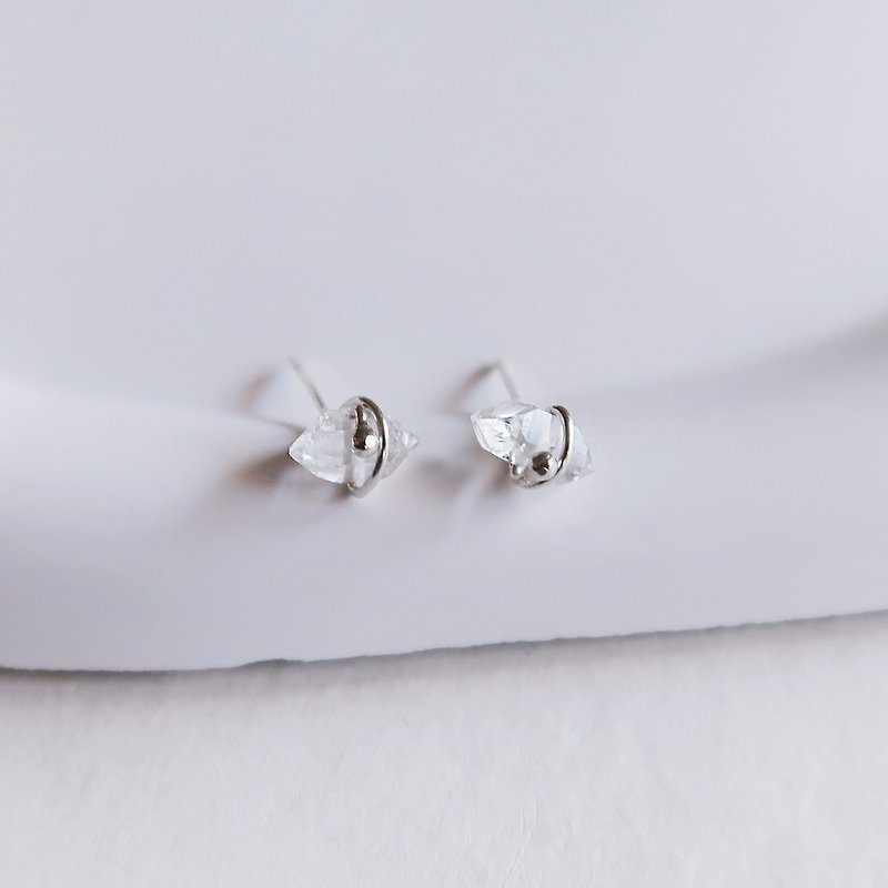 925纯银 小行星 赫基蒙水晶 闪灵钻 圆珠 扁珠 耳环 耳夹 一对 - 耳环/耳夹 - 纯银 白色