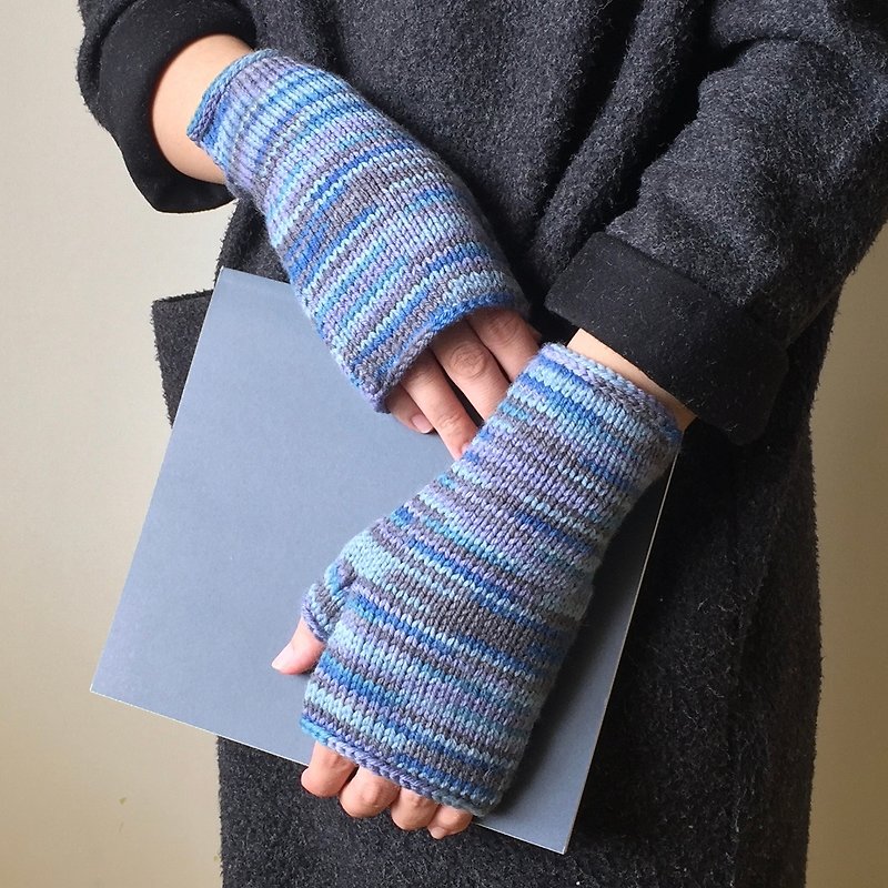晓织物 手工编织羊毛露指手套-粉腊笔 海洋蓝 - 手套 - 羊毛 蓝色
