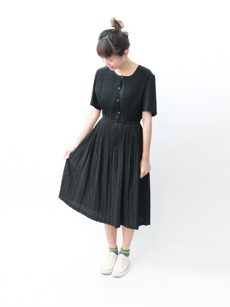 【RE1116D970】典雅日系复古印花布黑色短袖古着洋装 - 洋装/连衣裙 - 聚酯纤维 黑色