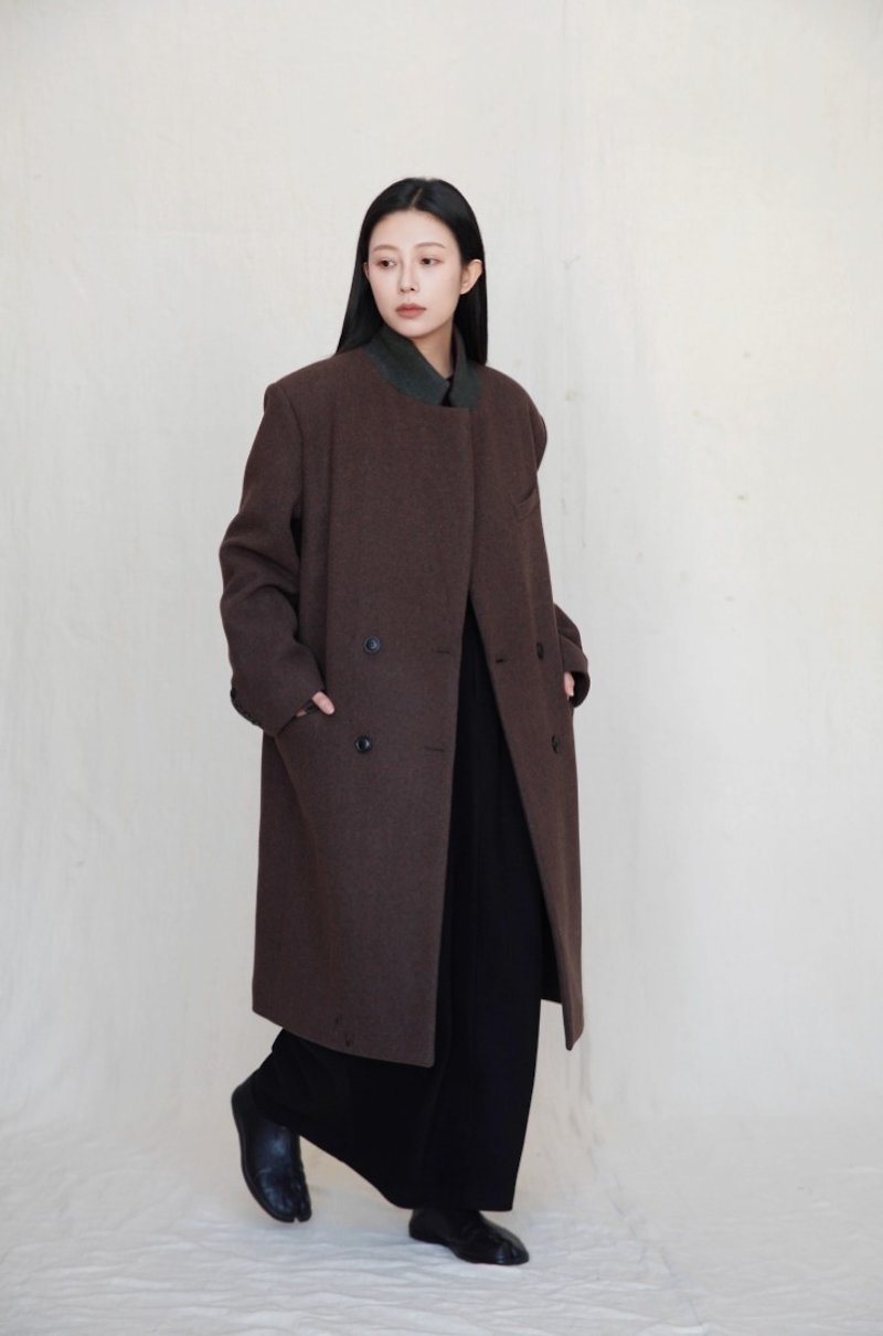 新中式极简 双排扣羊毛大衣外套 - 女装西装外套/风衣 - 其他材质 咖啡色