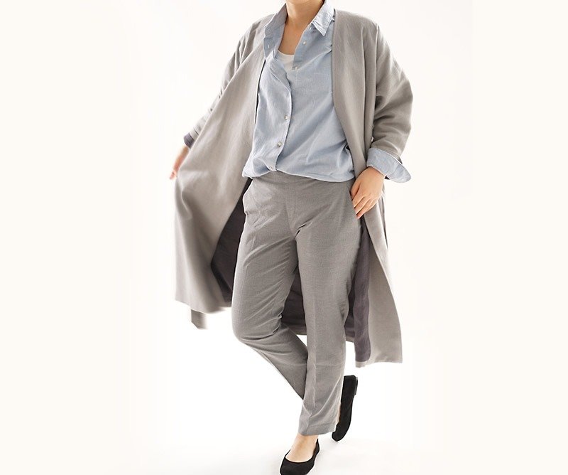 Warm linen × Miyaso Drop drop shoulder gown coat lined / Gray h022c-gry3 - 女装休闲/机能外套 - 棉．麻 灰色