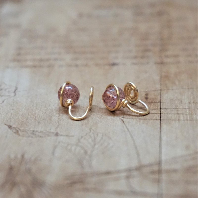 ll 6mm草莓晶 ll 金线框耳针 耳夹 / 一对 - 耳环/耳夹 - 半宝石 粉红色