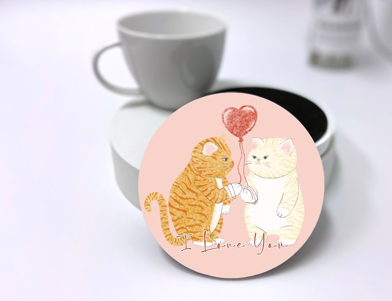 插画陶瓷吸水杯垫—情侣猫(粉色) - 杯垫 - 瓷 