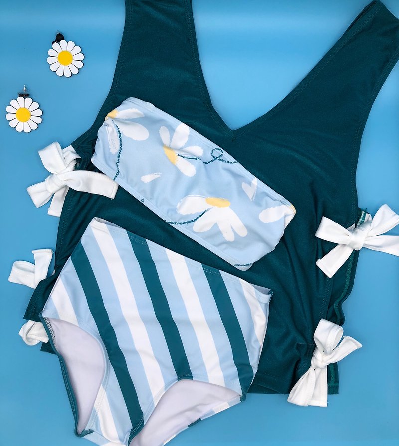 Blue Sky Daisy Swimsuit set - 女装泳衣/比基尼 - 聚酯纤维 蓝色