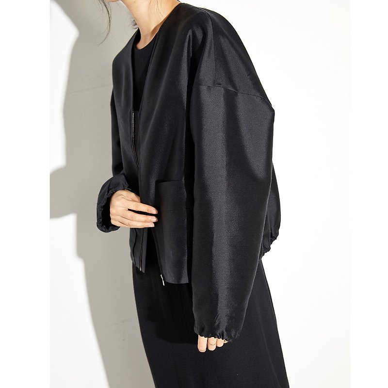 杲果GAOGUO原创设计女装 拉链丝羊毛长袖短款廓形外套夹克 - 女装休闲/机能外套 - 羊毛 黑色