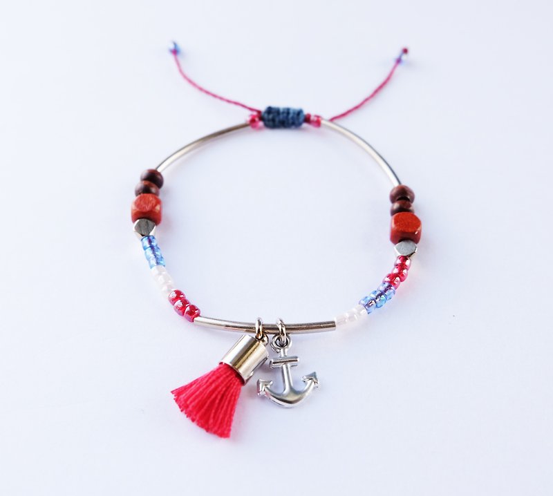 Anchor nautical red tassel string bracelet - 手链/手环 - 其他材质 红色