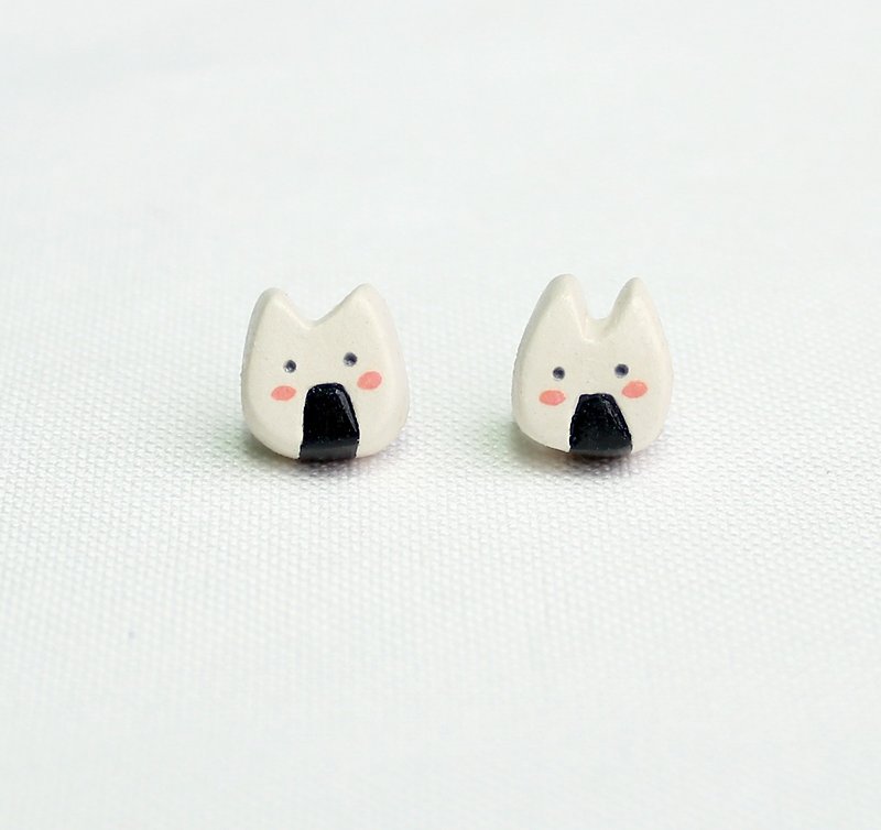 "猫咪海苔饭团" 耳环 - 耳环/耳夹 - 粘土 白色
