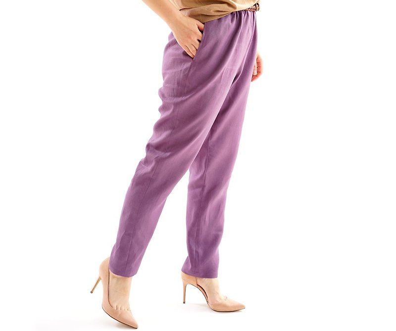 inen tapered pants with waist rubber pocket / Rouge Terni b001c-rgt2 - 女装长裤 - 棉．麻 紫色