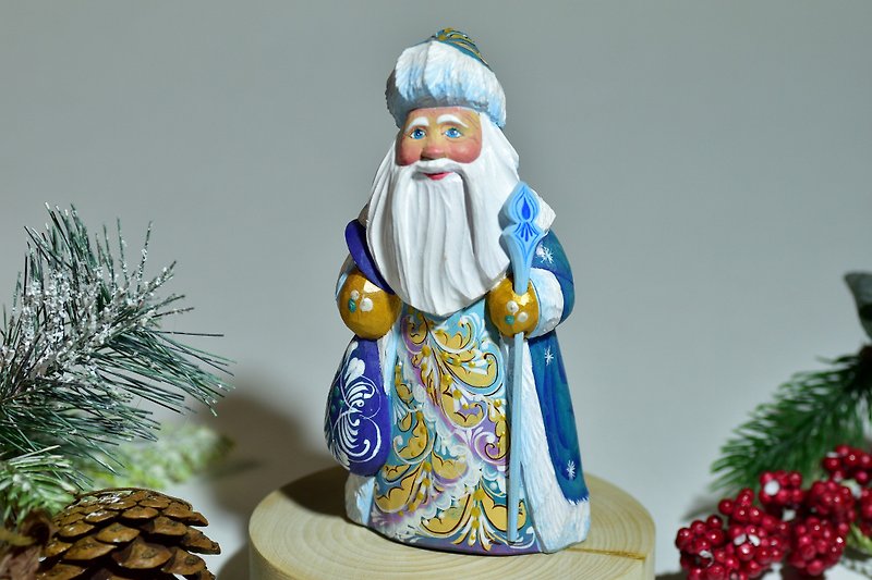 可收藏的俄罗斯圣诞老人 手工雕刻的圣诞老人 手绘俄罗斯圣诞老人 - 玩偶/公仔 - 木头 蓝色