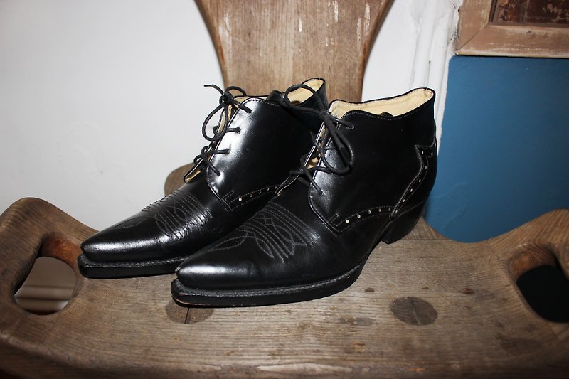 S109(Vintage)黑色精致手工缝线设计低筒低跟皮鞋(23.5cm) - 女款休闲鞋 - 真皮 黑色