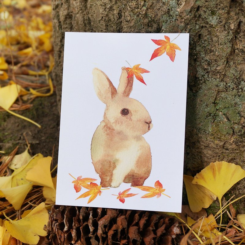 明信片 卡片 水彩画作 落叶 秋天 兔子 可爱 动物 贺卡 - 卡片/明信片 - 纸 橘色