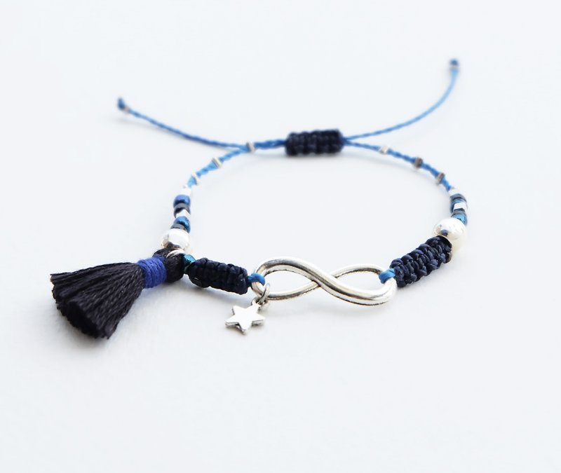 Star and infinity navy blue black adjustable bracelet with tassel - 手链/手环 - 聚酯纤维 蓝色