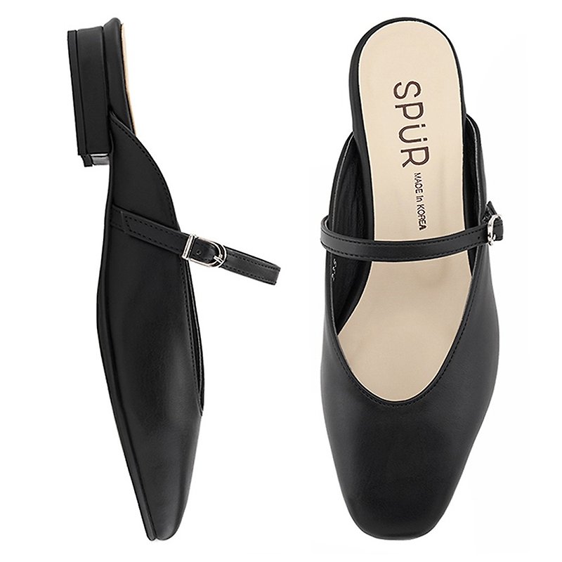 SPUR 一字扣带穆勒鞋 MF9009 BLACK - 女款休闲鞋 - 人造皮革 黑色