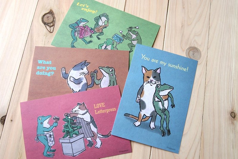 猫とカエルのポストカード4枚セット - 卡片/明信片 - 纸 绿色