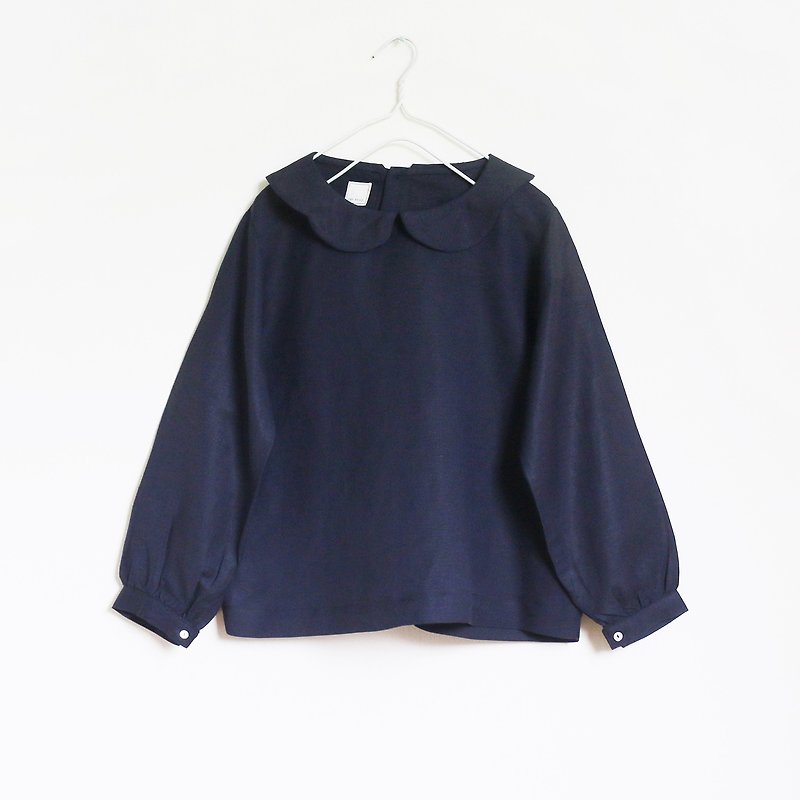 linen scallop collar blouse : navy - 女装上衣 - 棉．麻 蓝色