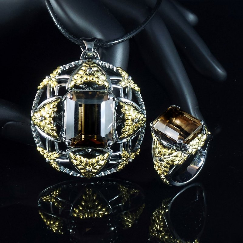 烟水晶 双色珠宝镀金925纯银坠子戒指组 - 生命之树 - 项链 - 贵金属 咖啡色