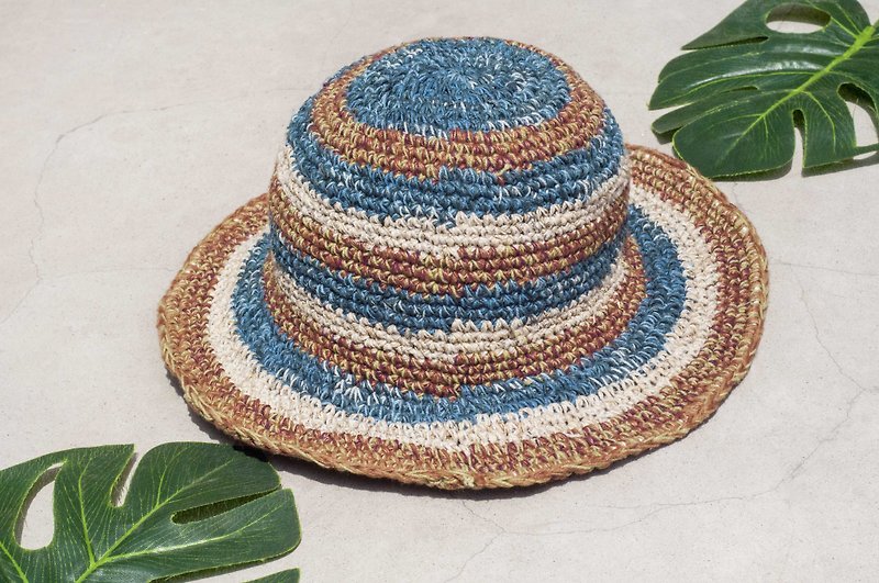 手工编织棉麻帽 编织帽 渔夫帽 遮阳帽 草帽 - 南美条纹 蓝莓咖啡 - 帽子 - 棉．麻 多色