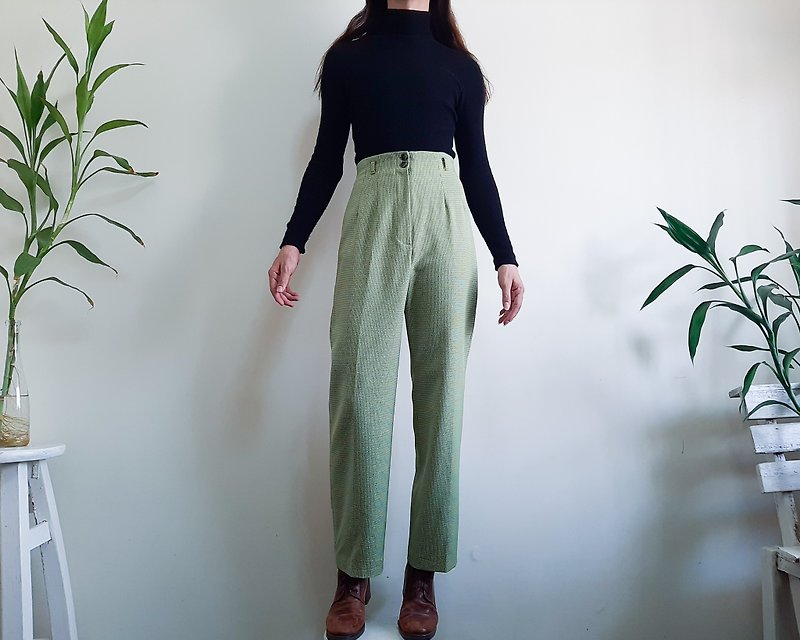 复古 20 世纪 70 年代绿色千鸟格高腰裤 S 码腰围 26 至 27 英寸 - 女装长裤 - 聚酯纤维 绿色