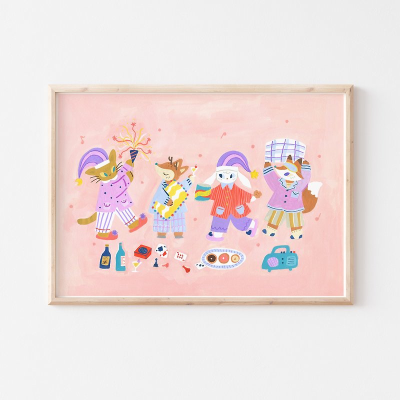 动物们的睡衣派对  I 印刷装饰画 - 海报/装饰画/版画 - 纸 粉红色