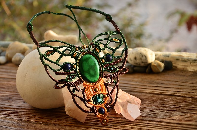 天然水晶-孔雀石-手制花边编织项链 - 项链 - 宝石 绿色