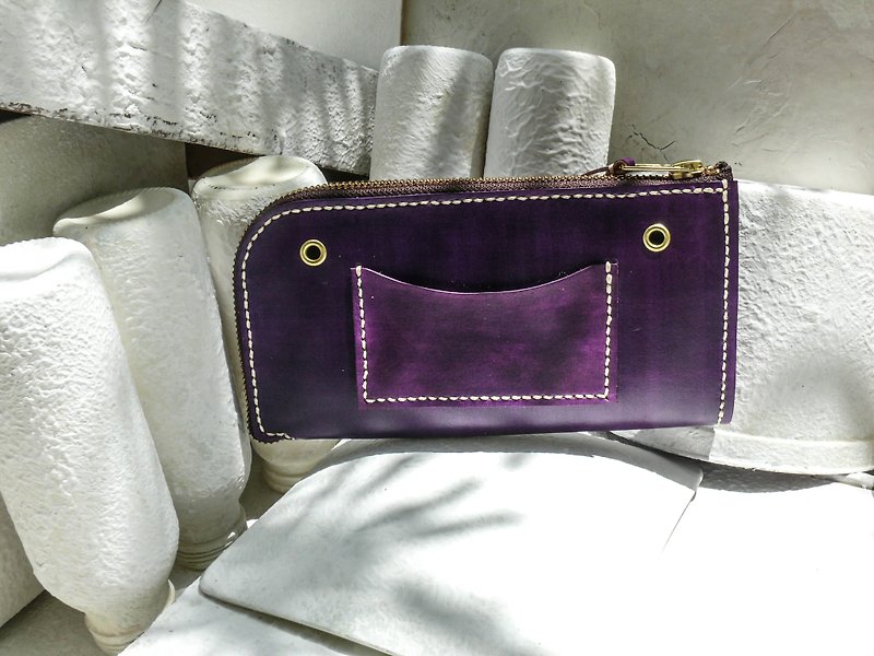 不撞包葡萄紫色植鞣革全真皮万用皮夹 - 零钱包 - 真皮 紫色