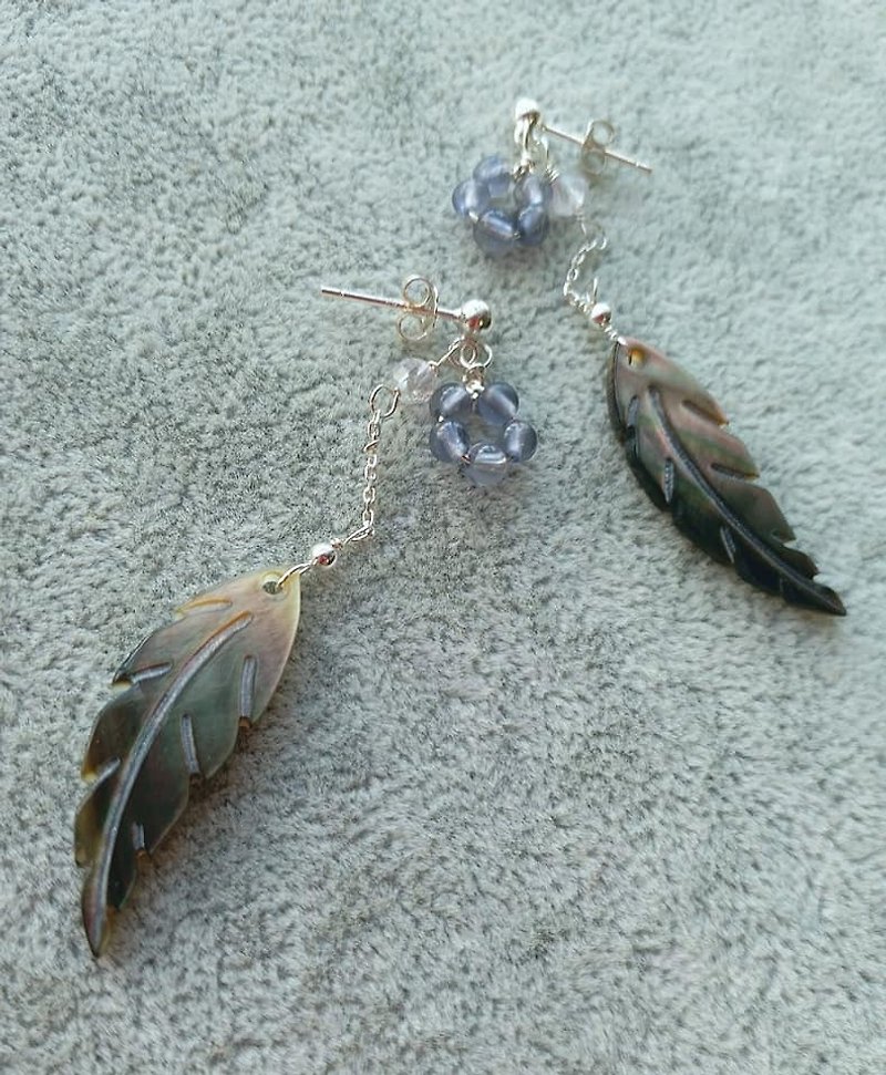 新款贝母羽毛， 小堇青石， 925 纯银长耳环（可转镀银材质耳夹，下单时在备注写明） - 耳环/耳夹 - 宝石 紫色