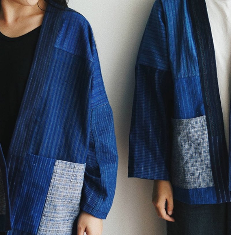 藍條紋土布 情侶款秋冬拼布外套 日式手織老土布 和風道袍Kimono - 女装休闲/机能外套 - 棉．麻 蓝色