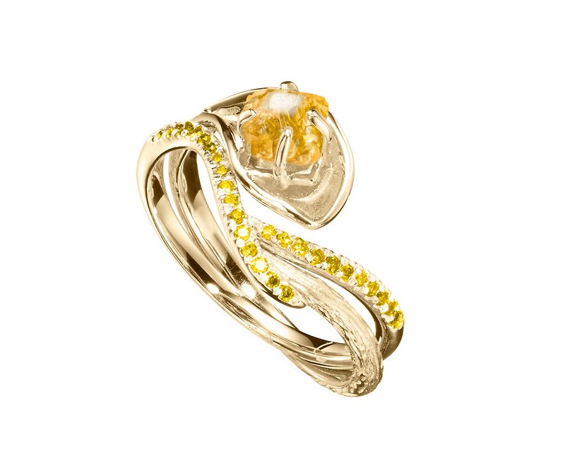 黄宝石14k黄钻石马蹄莲结婚戒指组合 海芋花原石密镶求婚戒指套装 - 对戒 - 贵金属 黄色