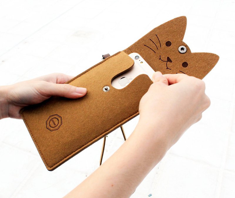 打开一只猫-羊毛猫咪手机包Portable package/附颈带Tabby咖啡猫 - 手拿包 - 羊毛 金色