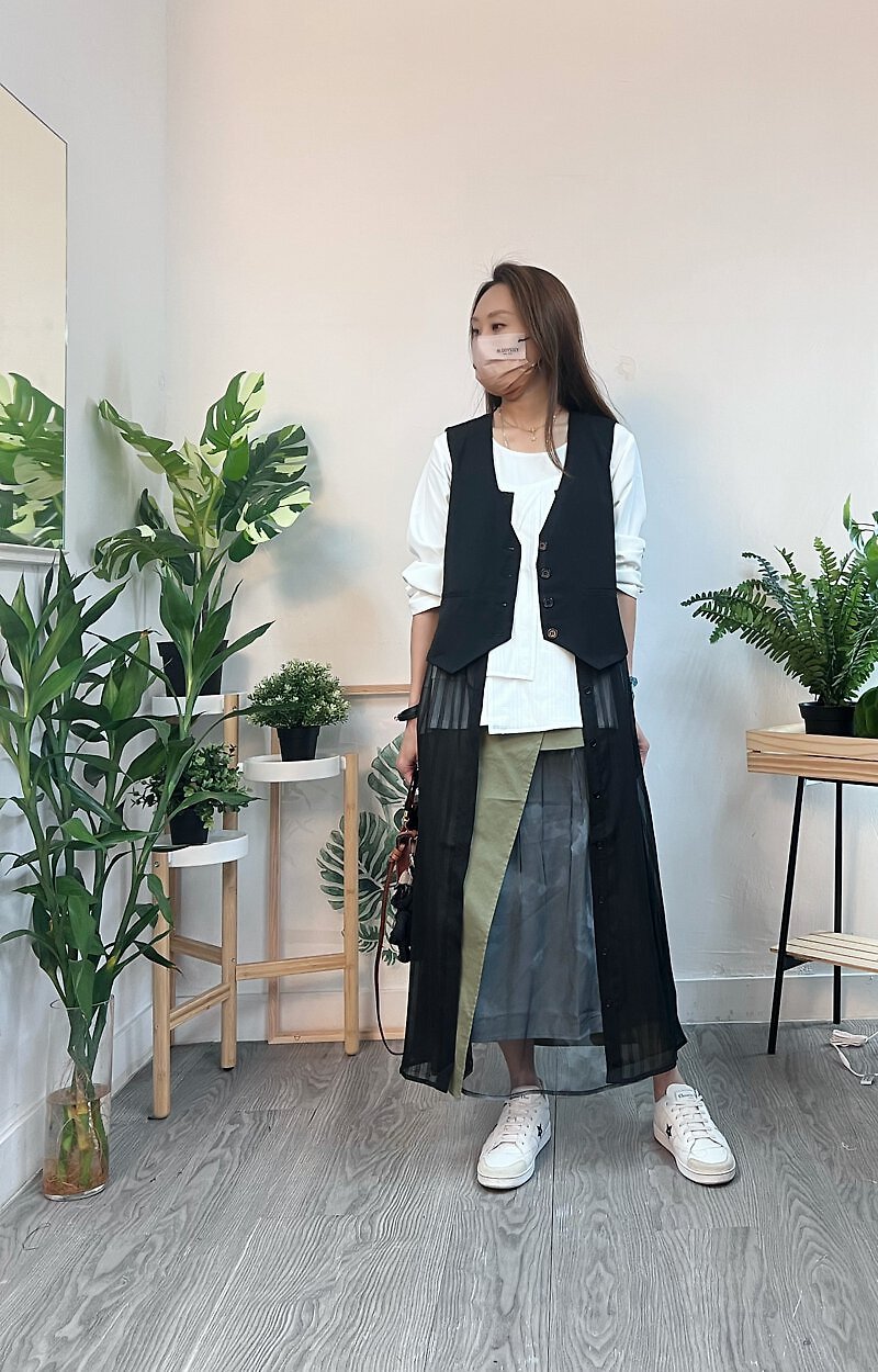 Net OPS with Vest Layer and Build-in Belt 22.168 - Black - 洋装/连衣裙 - 棉．麻 黑色