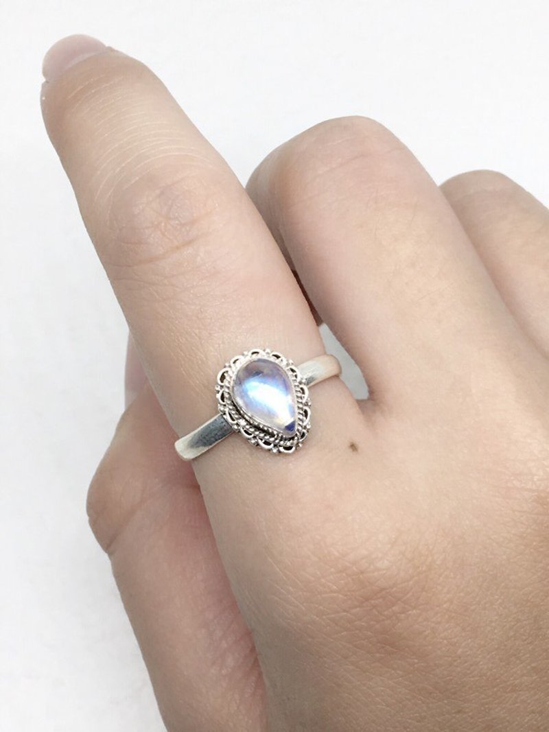 月光石925纯银蕾丝花边戒指 尼泊尔手工镶嵌制作(款式6) - 戒指 - 宝石 蓝色