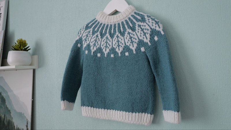 Kid's alpaca wool colorwork sweater Leaves, lopapeysa, Christmas gift wrapping - 其他 - 羊毛 蓝色