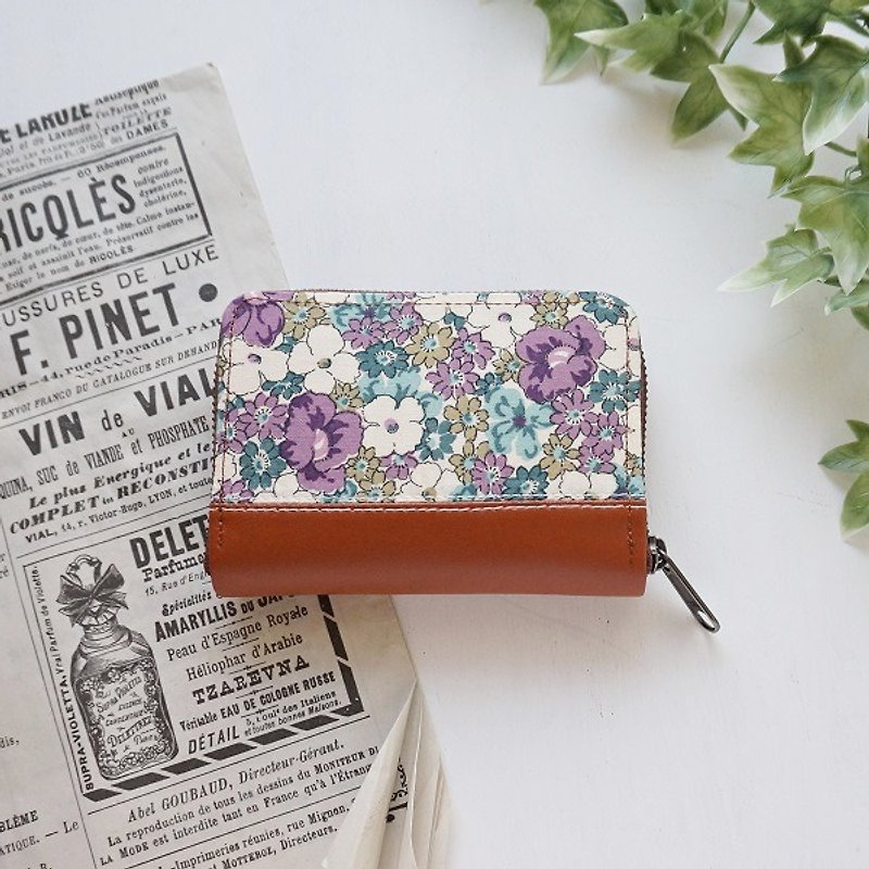 青紫の花柄◆小さなラウンドファスナー財布 - 零钱包 - 棉．麻 紫色
