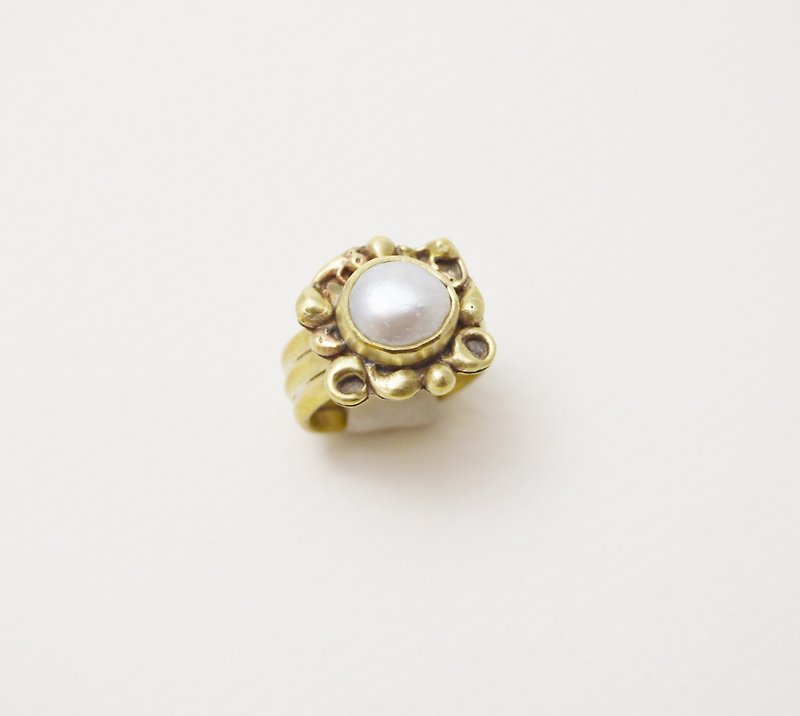黄铜.珍珠.复古系列-开放式宽版戒指 #2 - 戒指 - 铜/黄铜 金色
