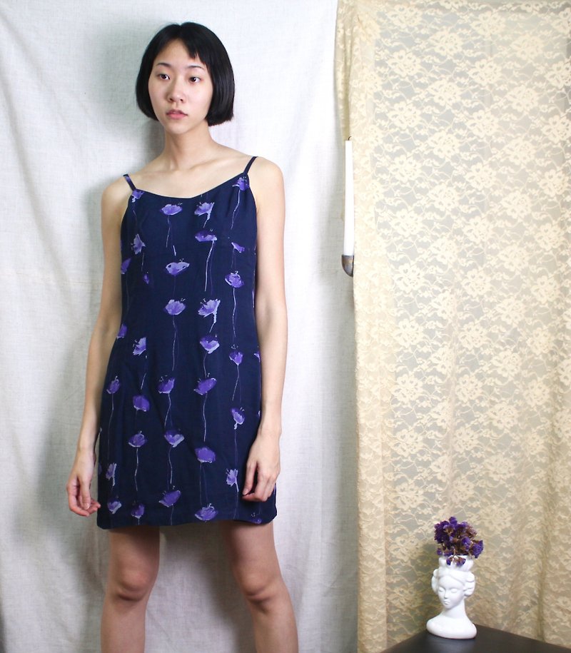 FOAK古着 蓝紫罂粟田吊带洋装 - 洋装/连衣裙 - 聚酯纤维 蓝色