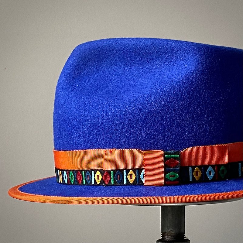 HYOKOU 手工 绅士帽-蓝色+双缎带+包边 - 帽子 - 羊毛 蓝色