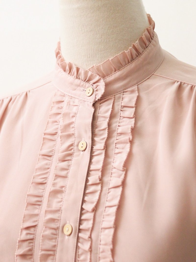 复古日本制法式甜美淡粉色立领薄古着衬衫 - 女装衬衫 - 聚酯纤维 粉红色