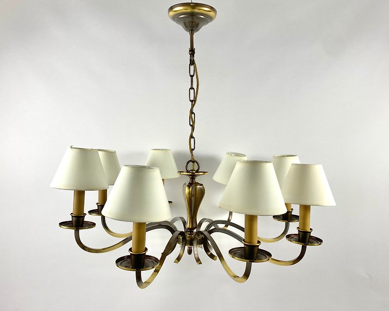 复古枝形吊灯黄铜八盏灯带灯罩 Deknudt 比利时 20 世纪 70 年代 - 灯具/灯饰 - 其他金属 金色
