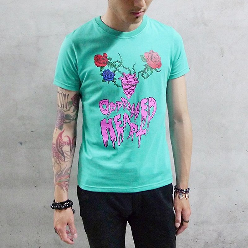 OPPRESSED HEART TEE 玫瑰荆棘骷髅心脏T恤 (湖绿) - 男装上衣/T 恤 - 棉．麻 绿色