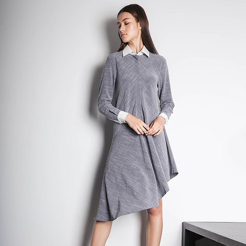 不对称竖条衬衫裙连衣裙 - 裙子 - 聚酯纤维 灰色