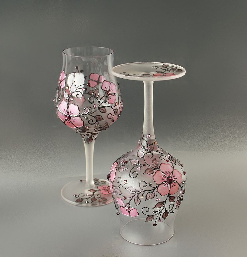 酒杯粉红紫罗兰施华洛世奇水晶手绘 2 件套 - 酒杯/酒器 - 玻璃 粉红色