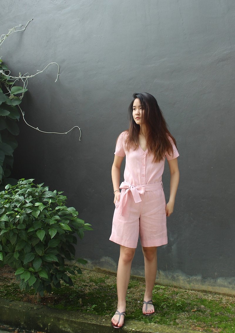 亚麻轻薄造型连身裤 - 粉红色  E29P - 背带裤/连体裤 - 亚麻 粉红色