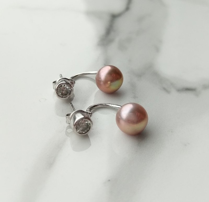 灰橘色淡水珍珠锆石前后式耳环 - 耳环/耳夹 - 其他金属 银色